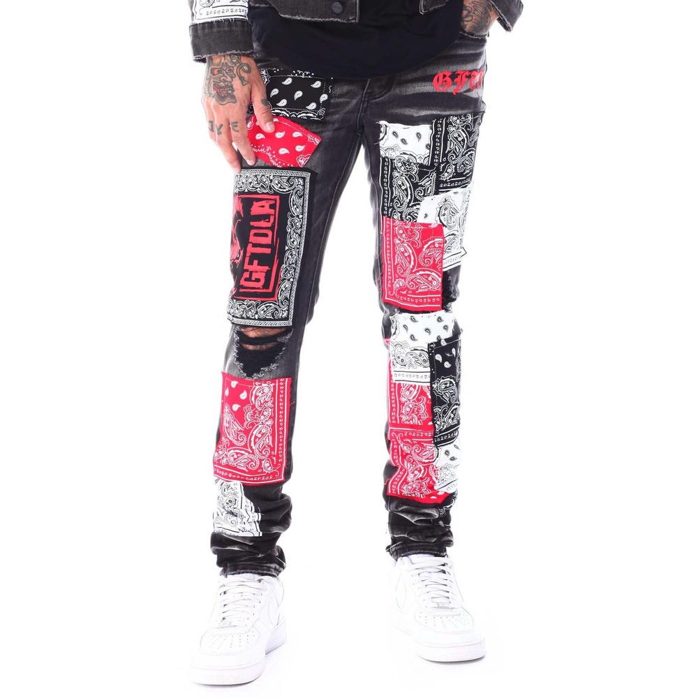 GFTD LA Los Angeles Men's Adrian Skinny Fit Paisley Panel Distress Ripped Jeans